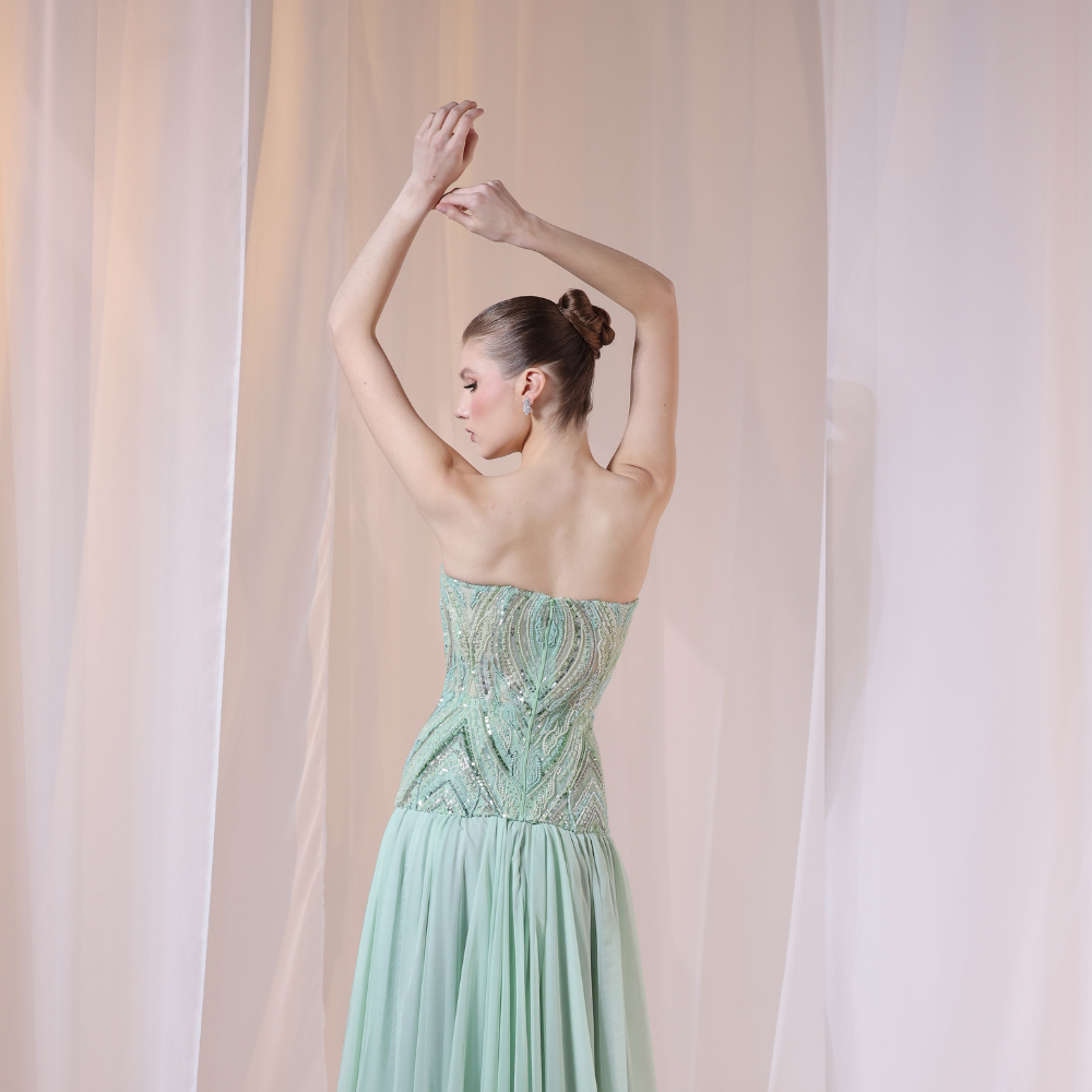 Shop online elegant mint gown with intricately beaded bodice and flowing airy layers, perfect for parties, receptions and special occasions.