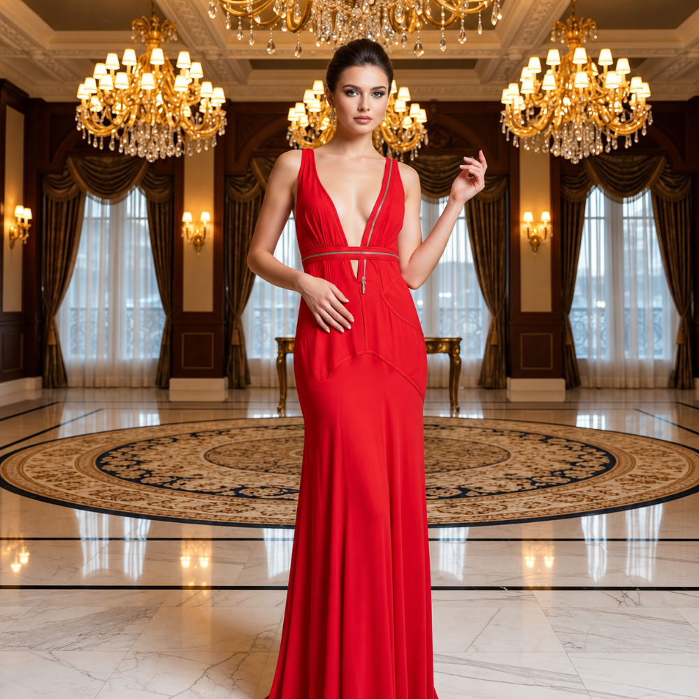 Shop online from our exclusive website. Discover the Lora bright red evening dress featuring a deep V-neck, stylish front zipper, and a flattering floor-length silhouette for formal events and special occasions.