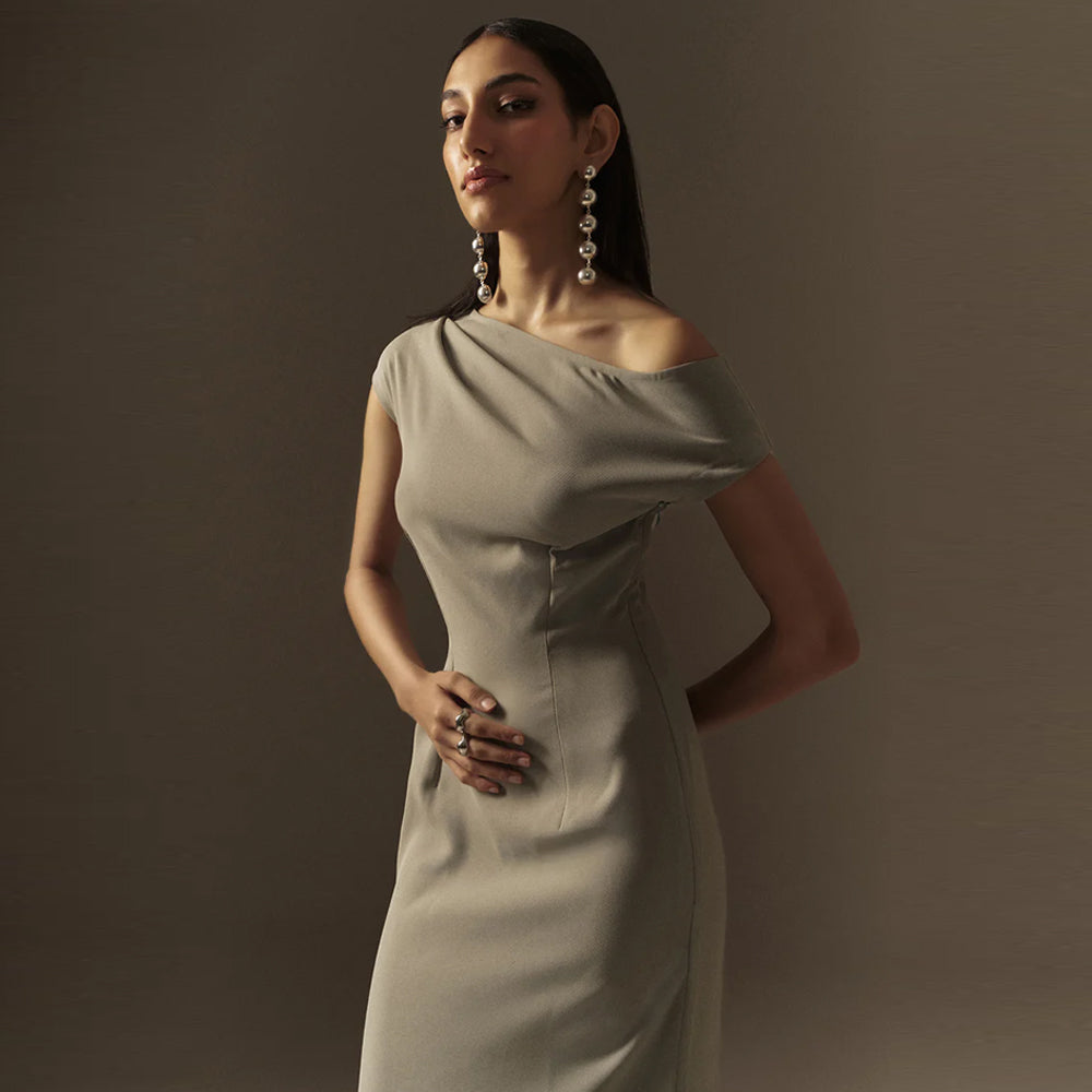 Off shoulder georgette dress with ruched waist, perfect for brunch and dinners. Shop online from our curated edit of premium fashion.