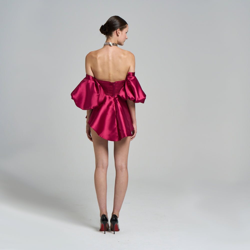Mini Evening Dress .Silk ziberlin fabric .With flywheel .Detachable balloon sleeve detail 