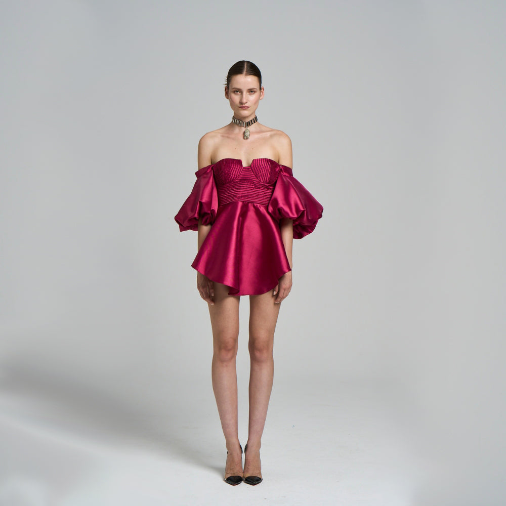 Mini Evening Dress .Silk ziberlin fabric .With flywheel .Detachable balloon sleeve detail 