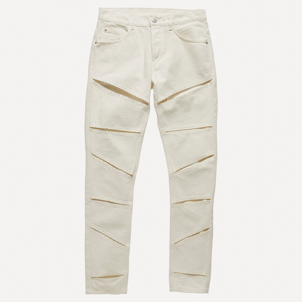 Natural off-white mid-weight 100% cotton organic denim with linear cut-outs. Cut for a mid-rise, straight-leg fit with cropped length.