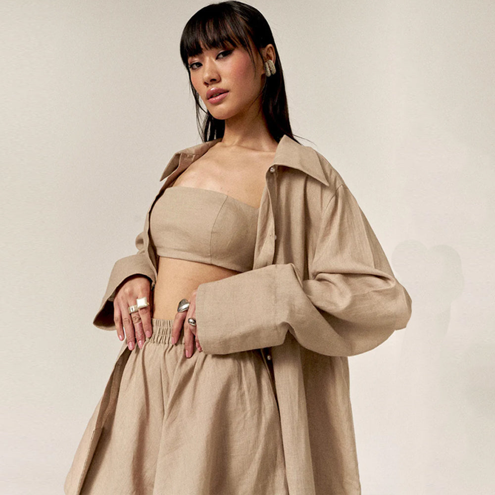 Linen co ord set with bustier, shorts and shirt, perfect for outings. Shop online from our curated edit of premium fashion.