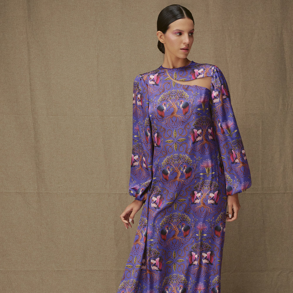 Long dress with relaxed fit, sleeves, round neckline, and sheer yoke.