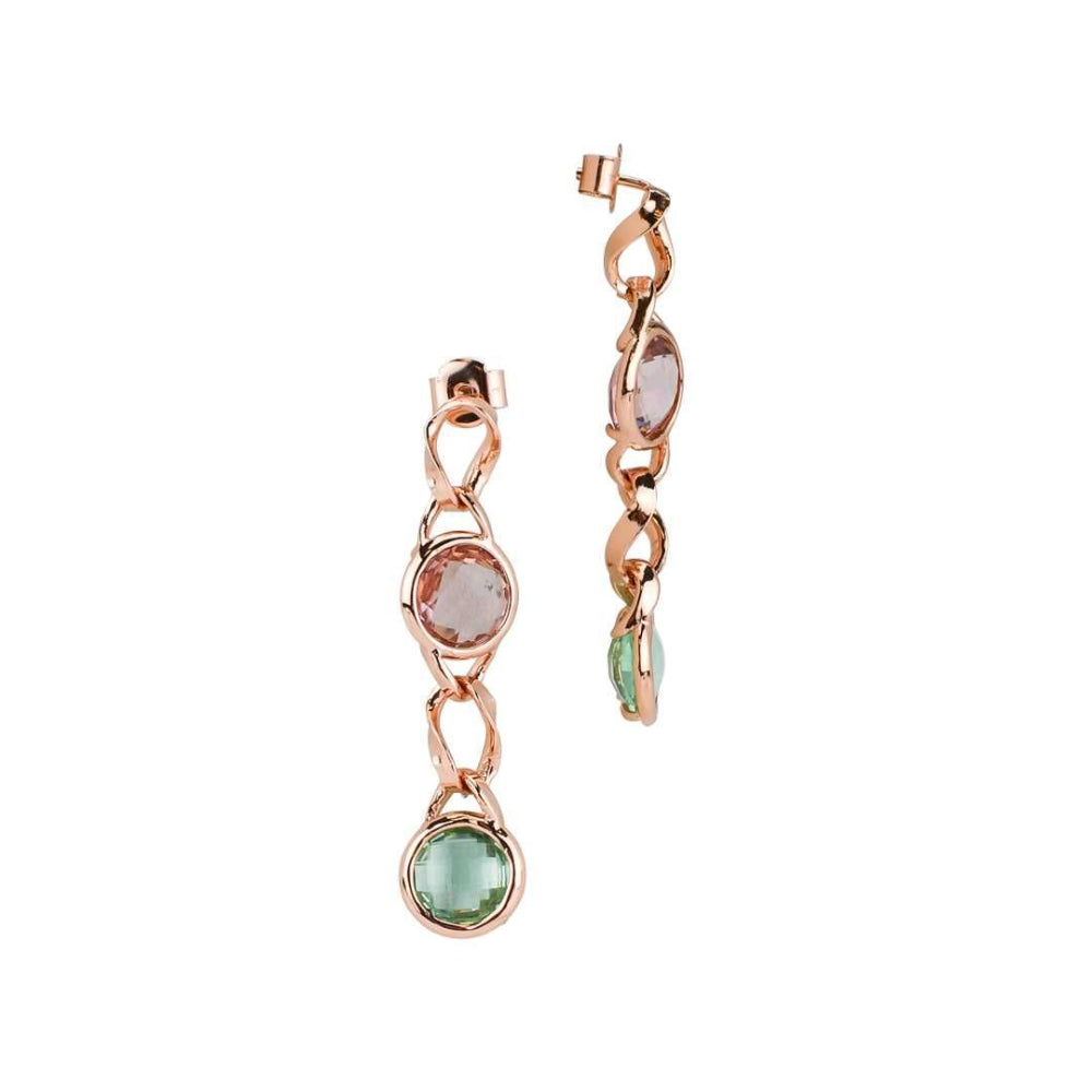 Shop online premium rose gold plated curb dangle earrings with amethyst green and antique pink crystals for elegant styling.