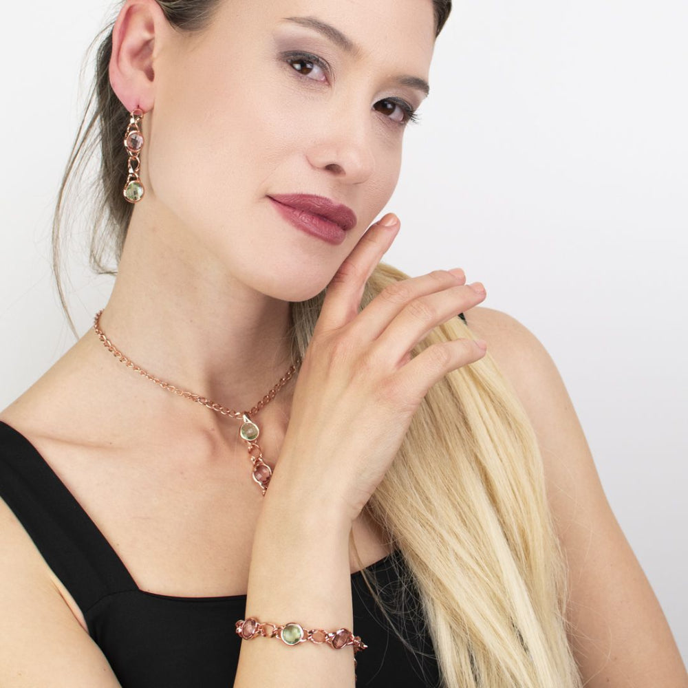 Shop online premium rose gold plated curb dangle earrings with amethyst green and antique pink crystals for elegant styling.