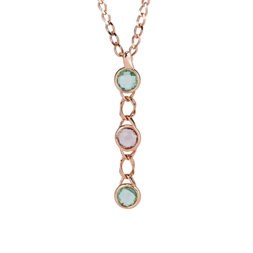 Shop online premium rose gold plated Y necklace with green and antique pink amethyst crystals on a curb chain.