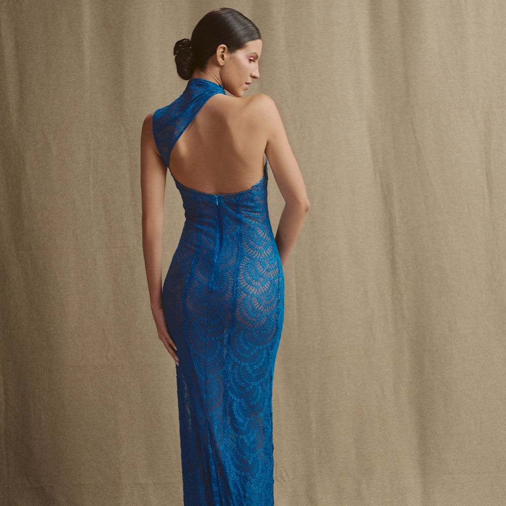 Body-Hugging lace dress, one-shoulder asymmetric neckline with open back.
