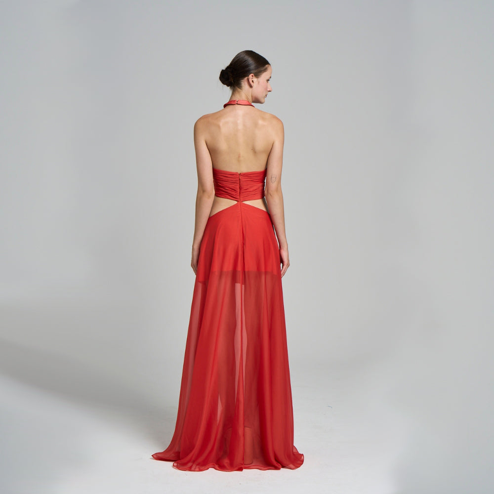 Maxi dress .Low back .Cut-out detailed .Ring chain detail .Flared skirt .Mini liner .Neck tie .Maxi evening dress