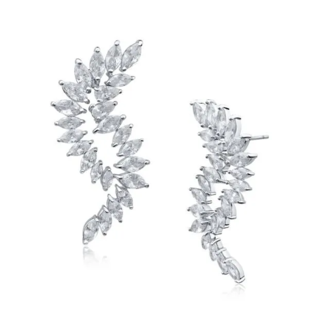 24 CTTW marquise cubic zirconia swirl drop earrings. Post earrings set in rhodium plated brass.