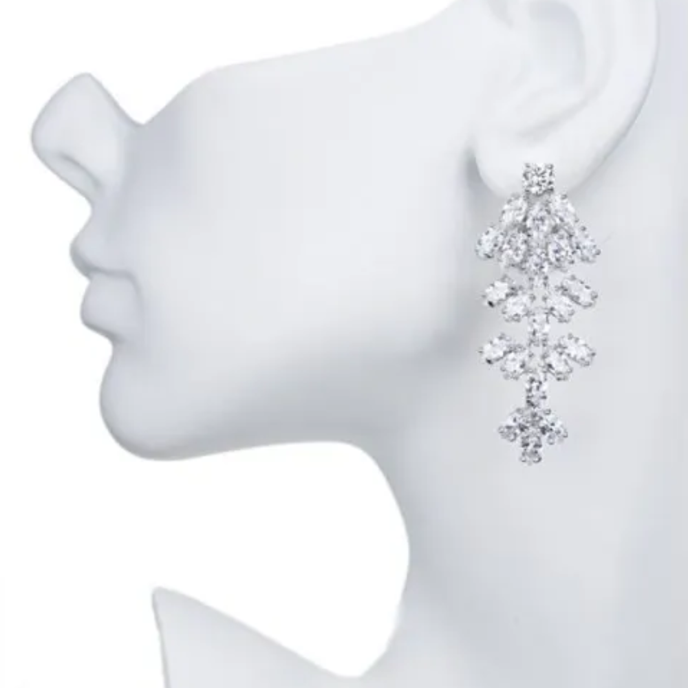 20CTTW cubic zirconia marquise cluster waterfall earrings. Clip-on set in rhodium-plated brass.