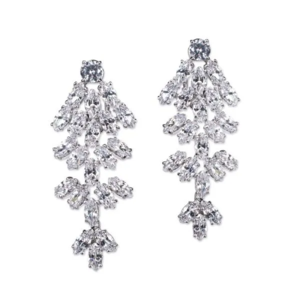 20CTTW cubic zirconia marquise cluster waterfall earrings. Clip-on set in rhodium-plated brass.