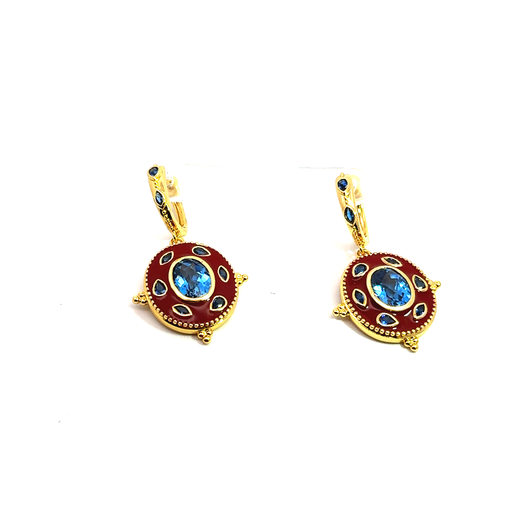 Statement 22K gold plated drop earrings with faceted created Spinel, marquise accents, and rich red enamel detailing. Perfect for elegant occasions. Shop premium jewelry online.