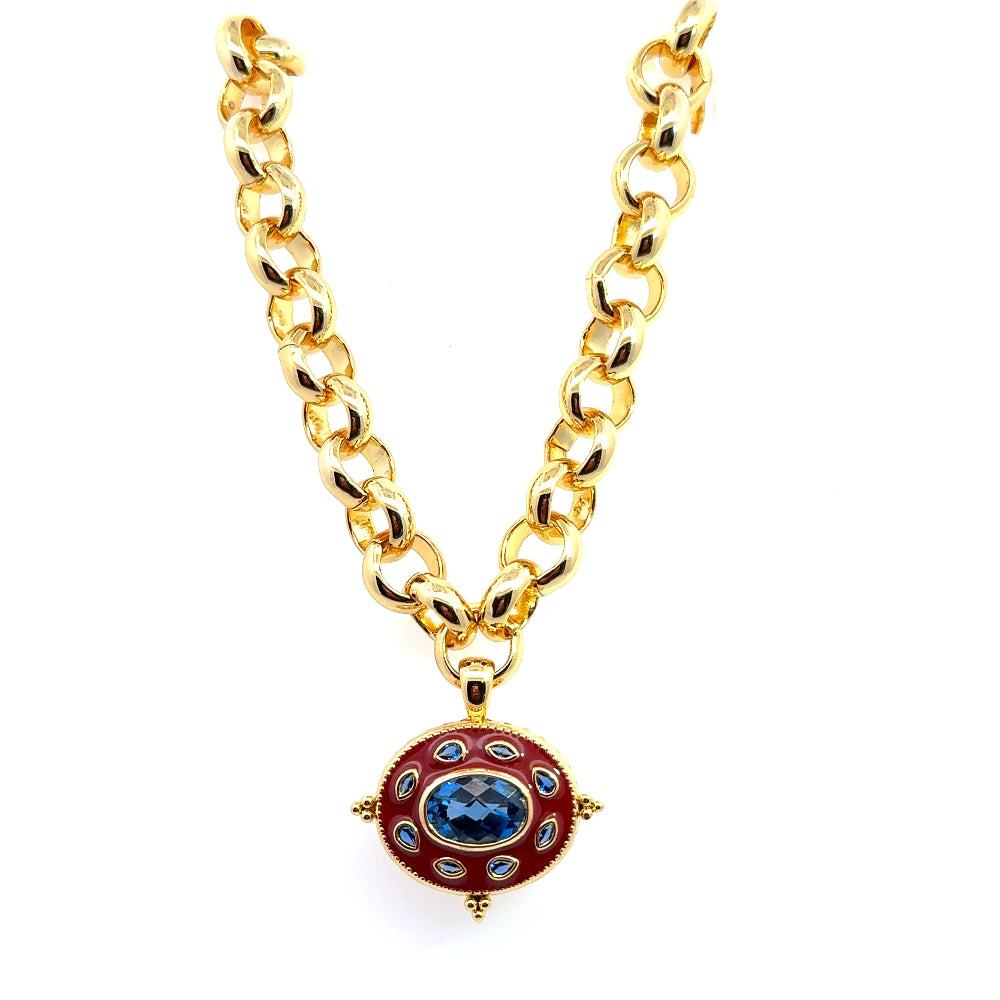 Elegant 22K gold-plated necklace with a created Spinel pendant and luxe chain. A timeless statement piece for special occasions. Shop premium jewelry online.