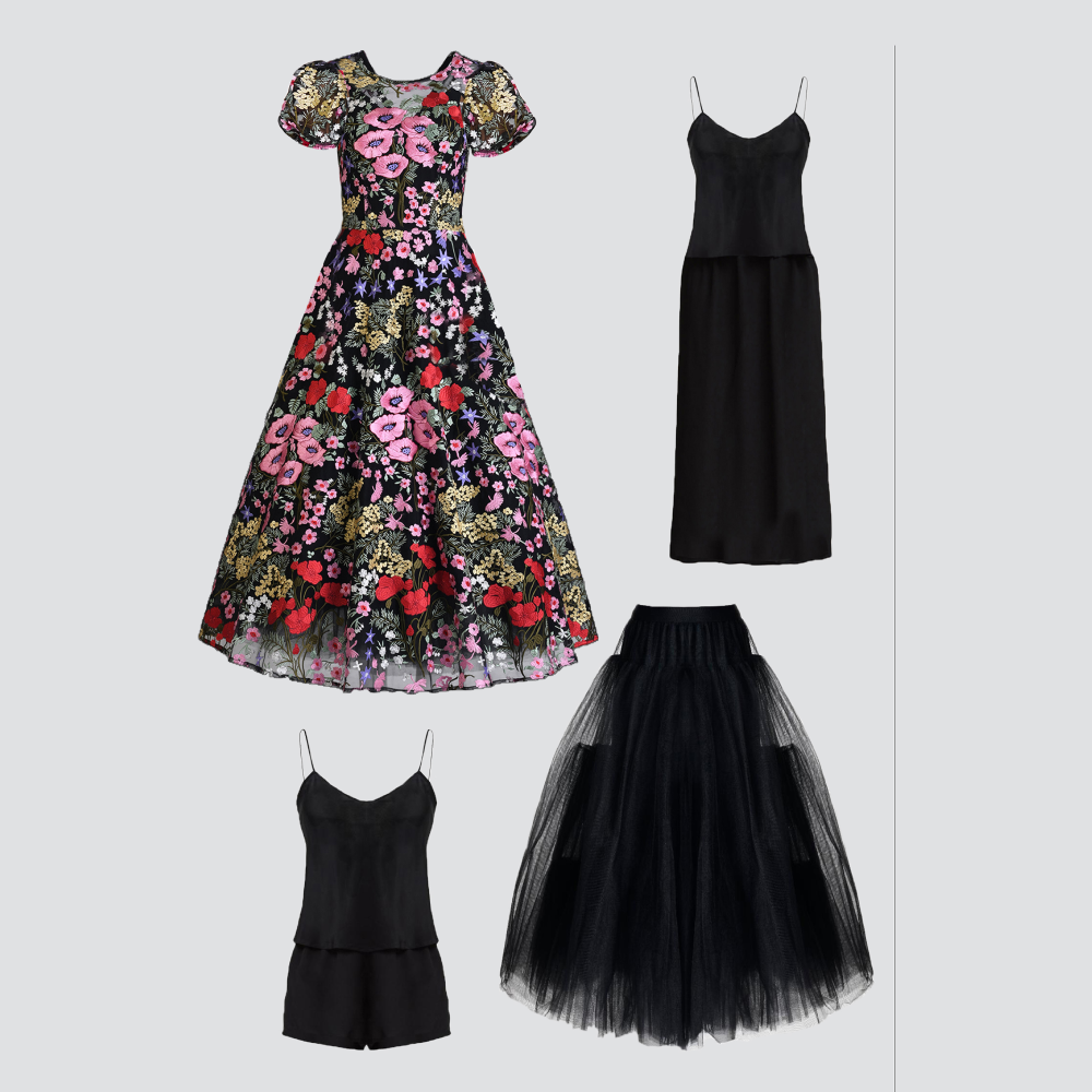 Cocktail dress is both elegant and whimsical. Colorful embroidery from the neckline down to the bottom of the skirt 