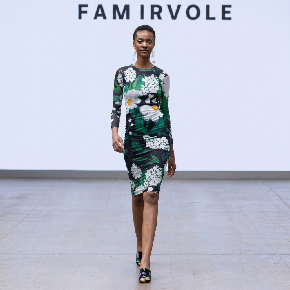 Chic floral midi dress in recycled mesh with nature-inspired print. Elegant, sustainable style. Shop premium styles online.