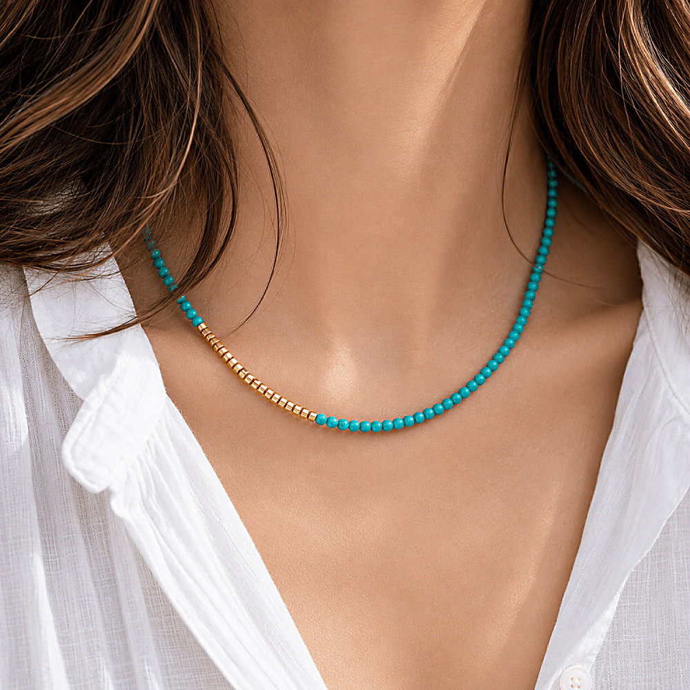 Discover the Mayan Turquoise & Golden Nugget Beaded Necklace at The Luxe Maison, featuring vibrant turquoise gemstones and golden nugget beads for a bold, elegant look with earthy charm.