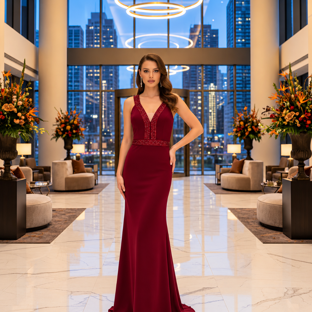 Shop online from our exclusive website. Discover the Melanie Cross Back Maxi Dress in a rich wine red shade featuring a flattering floor-length silhouette, refined detailing, and timeless elegance for weddings, galas, and special occasions.