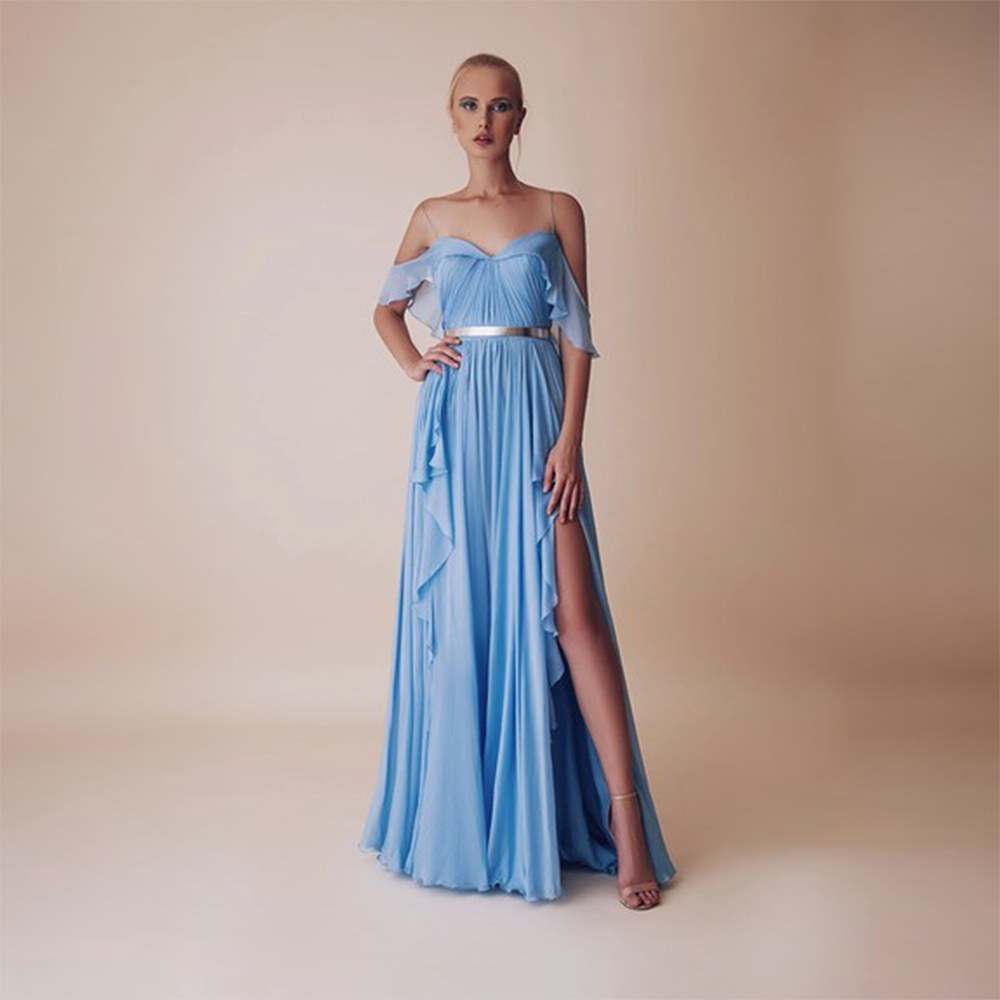 Falling straps sleeves pleated dress with off shoulder, front side slit and belt attached to accentuate the waist. 