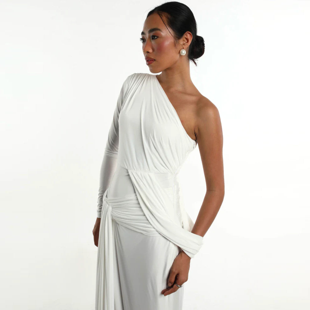White pleated dress with side knot detail, perfect for parties and brunch. Shop online from our curated edit of premium fashion.