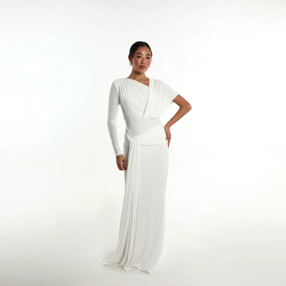 White pleated dress with side knot detail, perfect for parties and brunch. Shop online from our curated edit of premium fashion.