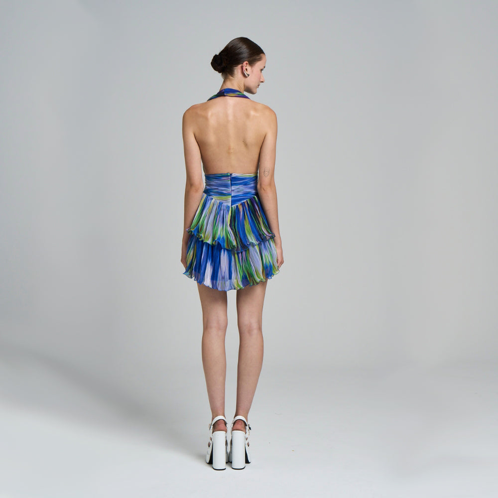Low back .Pleated .Silk organza fabric .Gradient printed .Model is: 177 cm, 84 / 63 / 93 