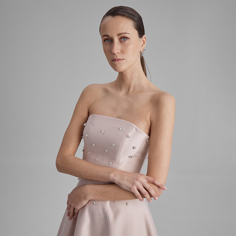 Shop midi nude dress with diamonds. Elevate your wardrobe with this timeless piece for seamless transitions. Shop designer dresses for women. Shop now!