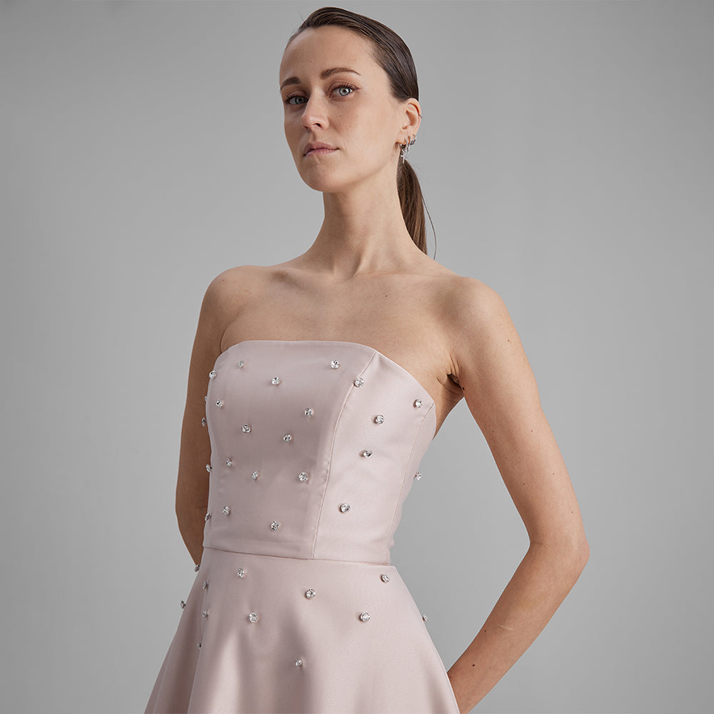 Shop Apricot Midi dress with A-line skirt, removable side bow, cinched waistline & strapless corset. Shop designer dresses for women. Shop now!