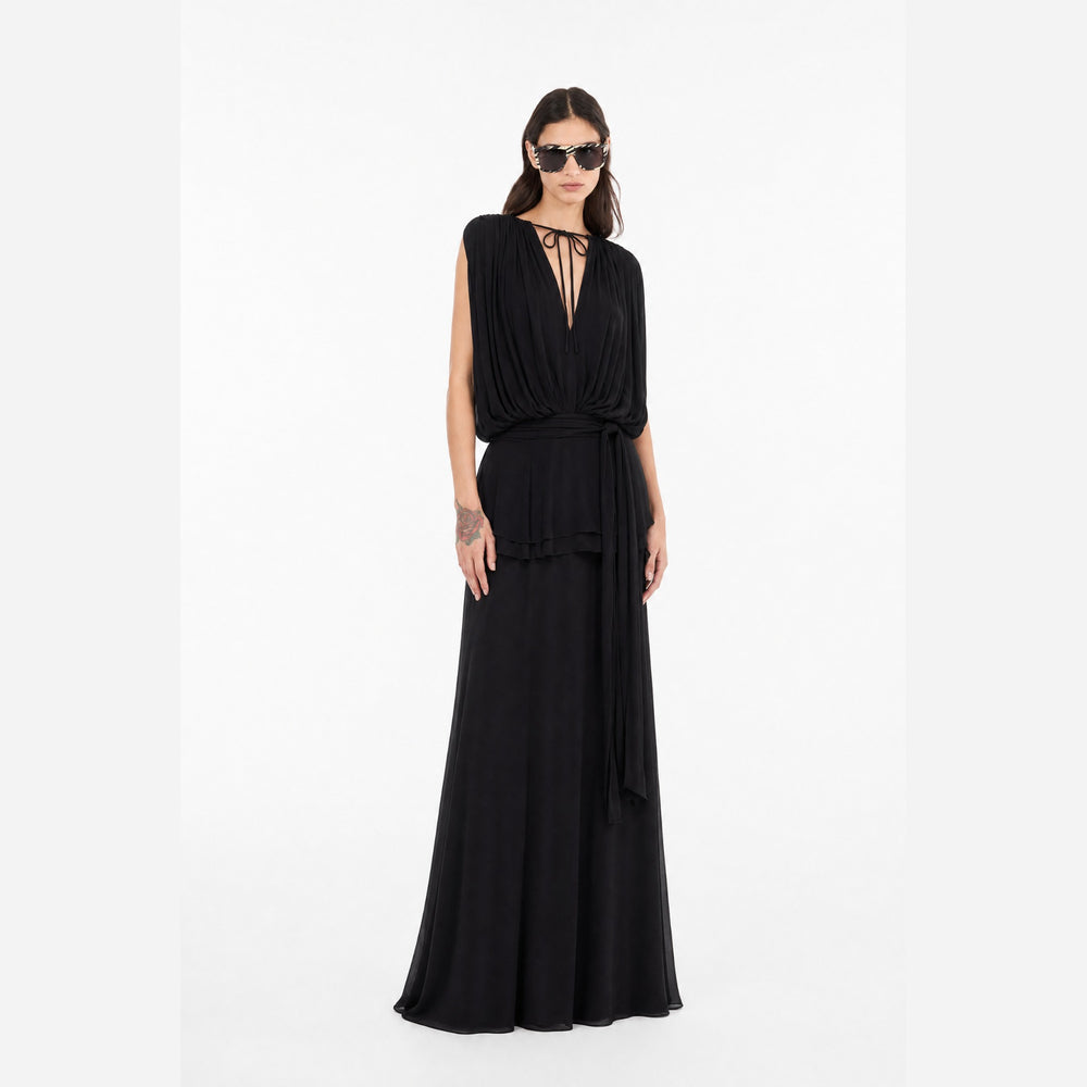 Shop online from our exclusive website and discover the Midnight Drape Evening Gown in eucalyptus silk by Benedetti Life, featuring a flowing silhouette and sustainable luxury design.
