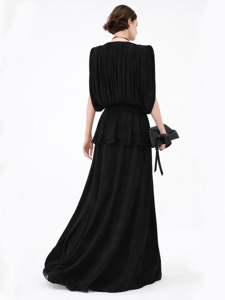 Shop online from our exclusive website and discover the Midnight Drape Evening Gown in eucalyptus silk by Benedetti Life, featuring a flowing silhouette and sustainable luxury design.