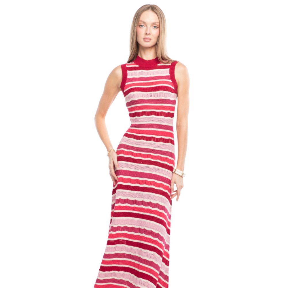 Shop the Mila Cherry Maxi Dress at TLM, featuring cherry and cream stripes with a flattering fitted knit silhouette. Explore luxury fashion on The Luxe Maison website.