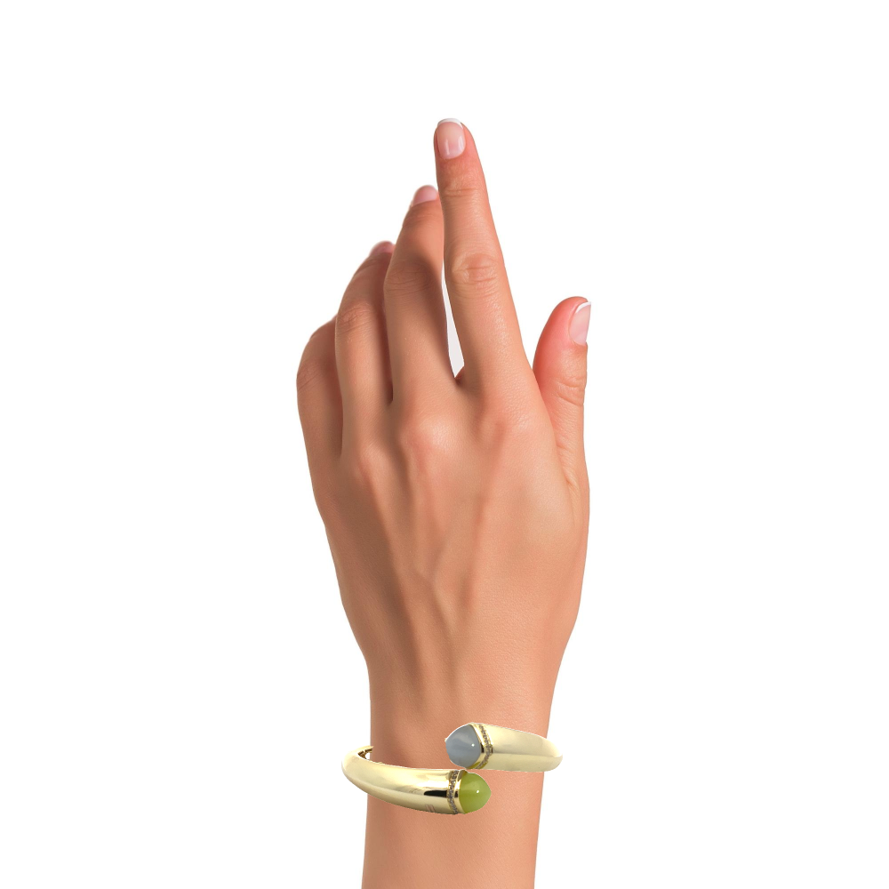 Elegant yellow gold plated cuff bracelet with colored pyramidal crystals and sparkling pavé cubic zirconia accents. Perfect for luxe everyday styling. Shop premium jewelry online.