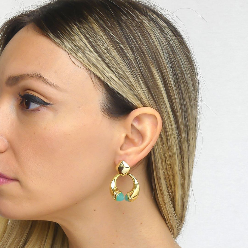 Shop online premium gold plated spring earrings with pyramidal crystals and pave cubic zirconia base in elegant dangler style.