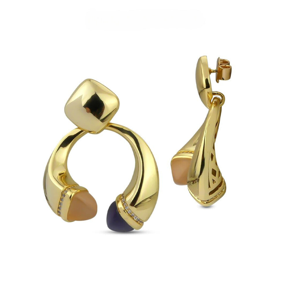 Shop online premium gold plated spring earrings with pyramidal crystals and pave cubic zirconia base in elegant dangler style.