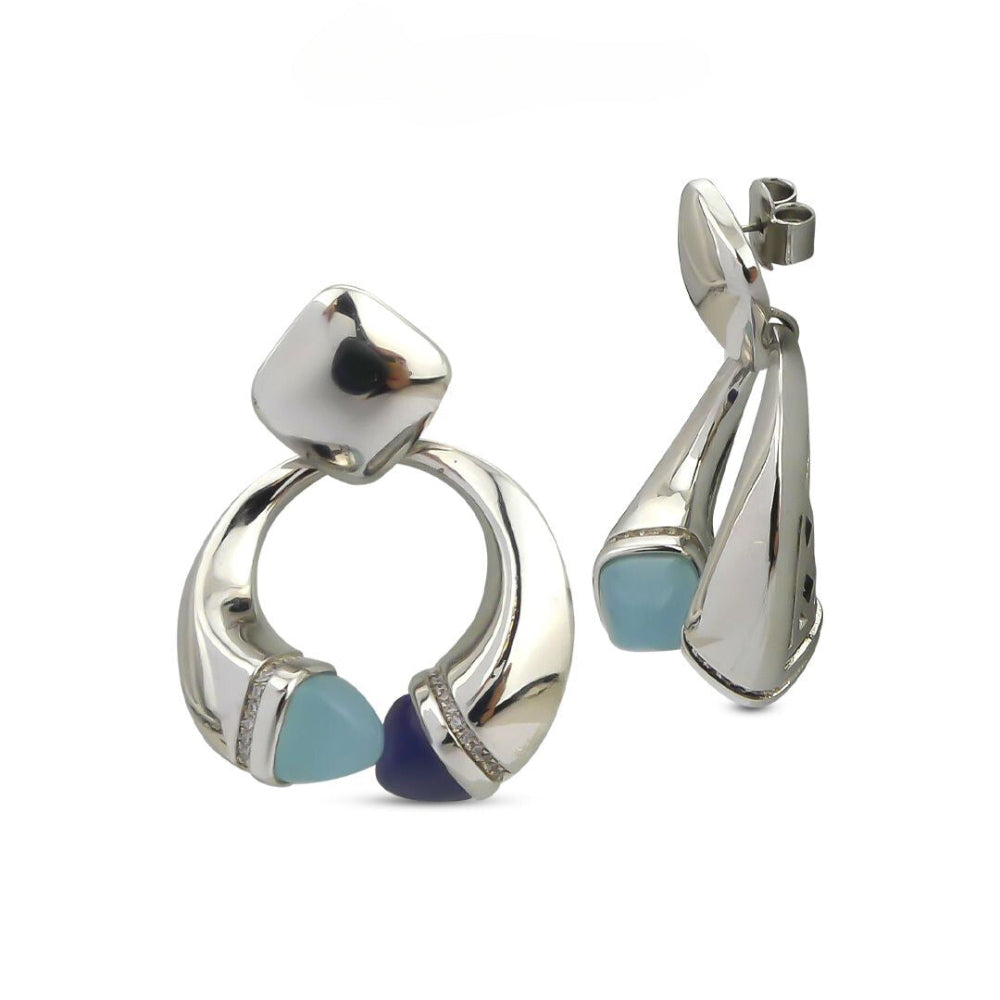 Shop online premium rhodium plated spring earrings with pyramidal crystals and pave cubic zirconia base for elegant everyday styling.