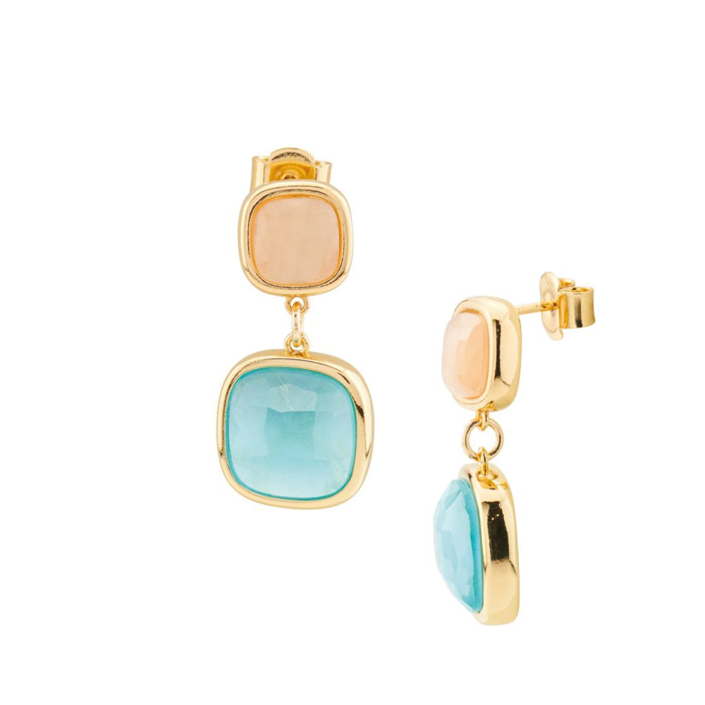 Shop online premium gold plated dangle earrings with peach and aquamarine crystals for elegant everyday and occasion styling.
