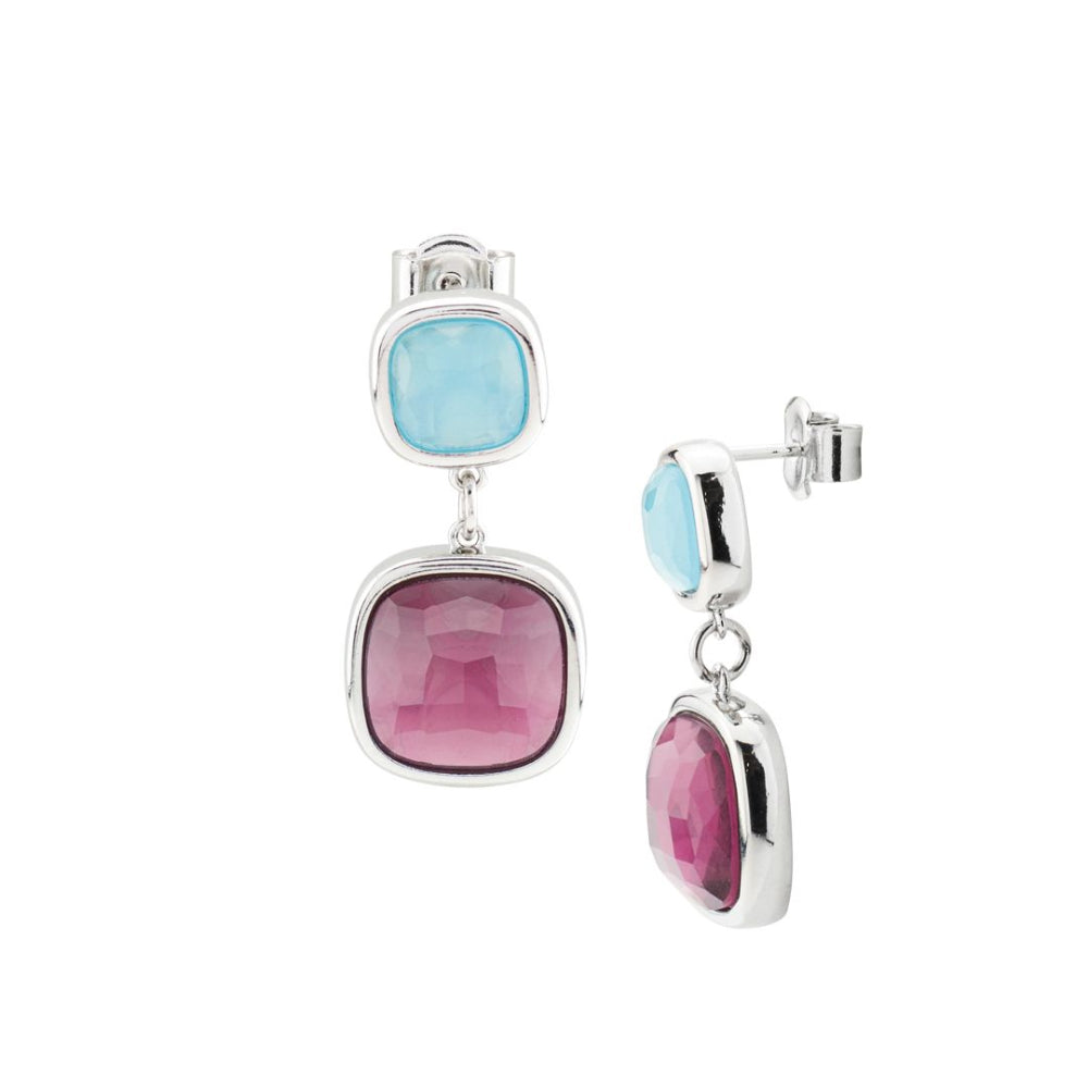 Shop online premium rhodium plated dangle earrings with milky blue aquamarine and purple amethyst crystals for elegant styling.