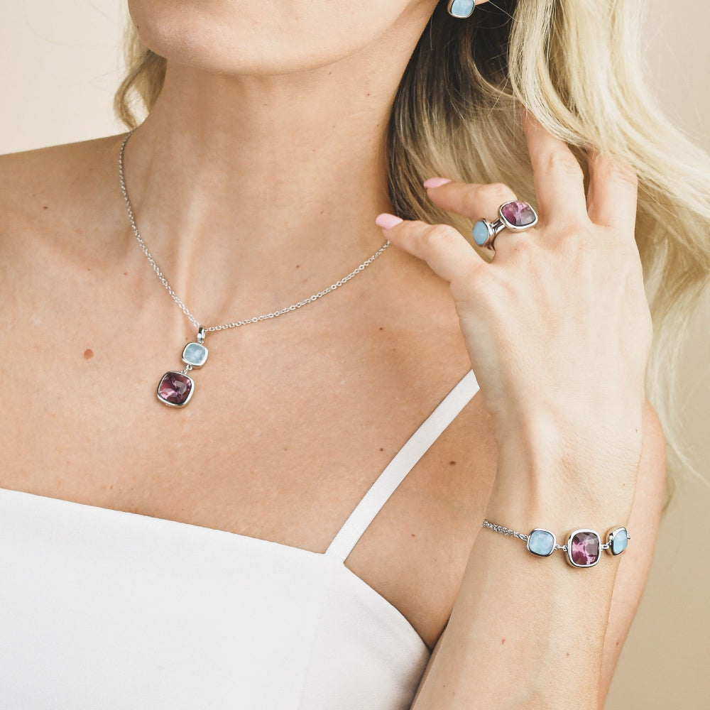 Shop online premium rhodium plated necklace with amethyst, aquamarine crystals and elegant circular modules.