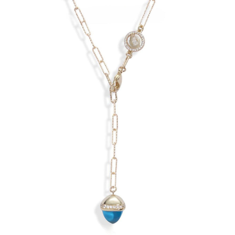 Shop online premium yellow gold necklace with aquamarine crystal pendant and sparkling cubic zirconia halo.