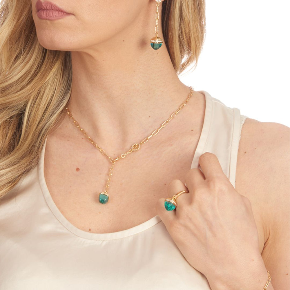 Shop online premium yellow gold necklace with aquamarine crystal pendant and sparkling cubic zirconia halo.