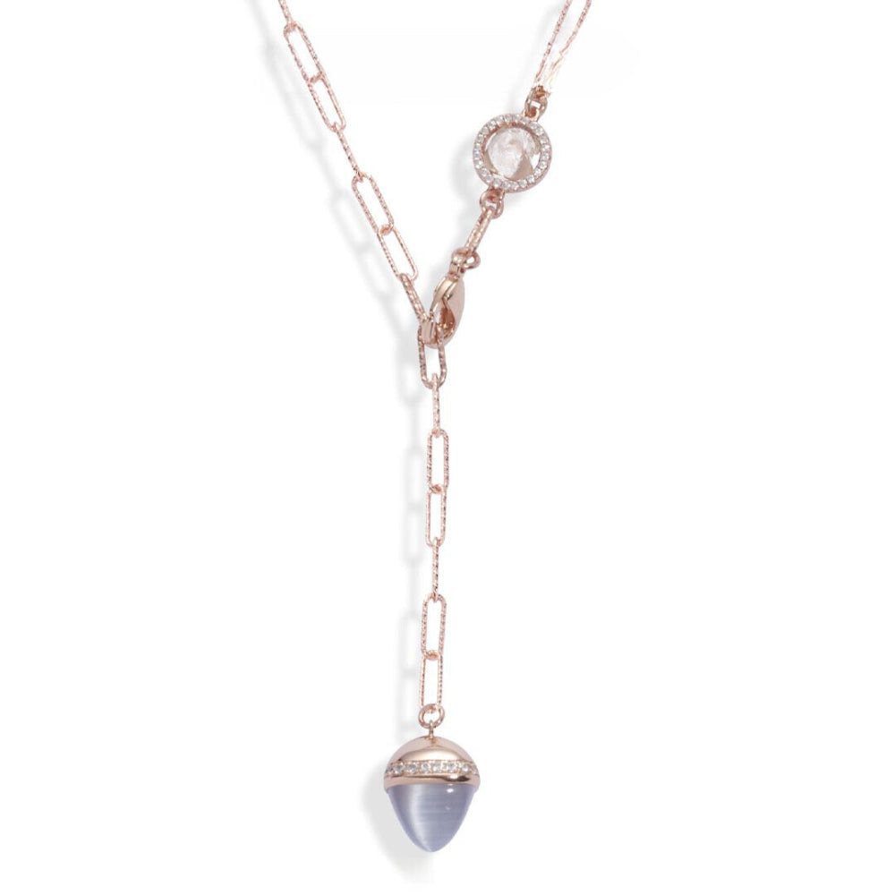 Shop online premium rose gold necklace with gray agate crystal pendant and sparkling CZ halo accents.