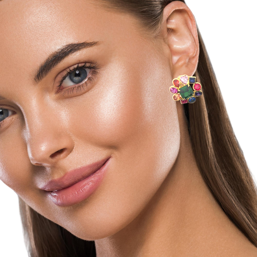 Shop online premium 18K gold color splash stud earrings with sapphire, ruby, emerald and CZ stones.