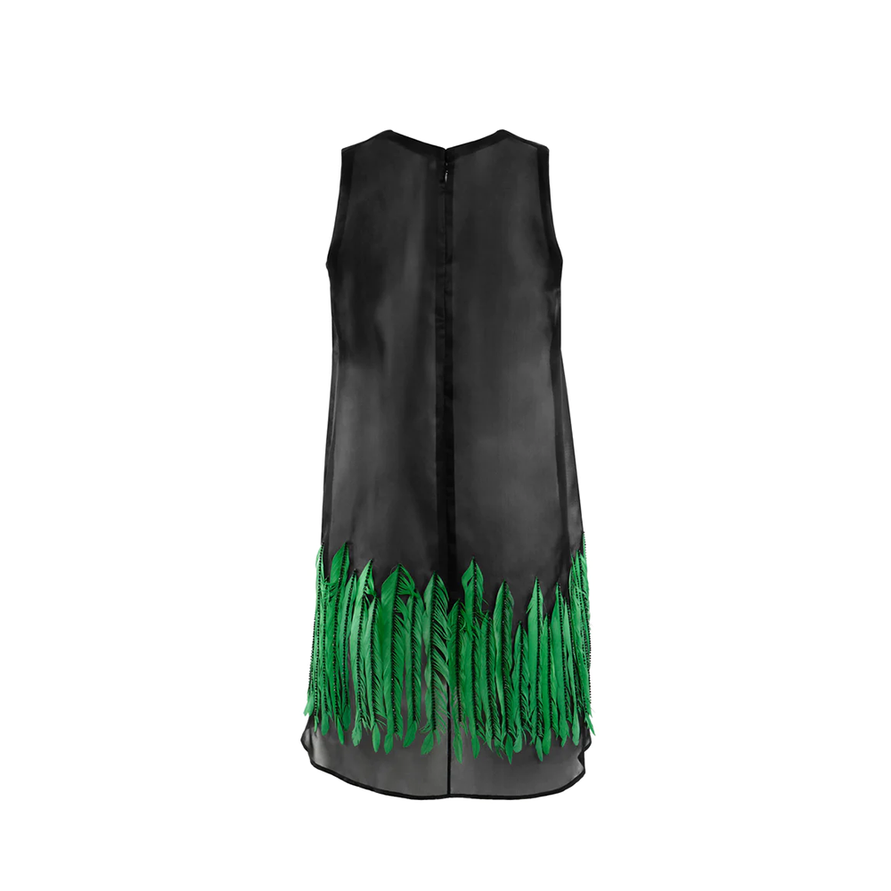 Organza Mini dress with green feather embroidery.