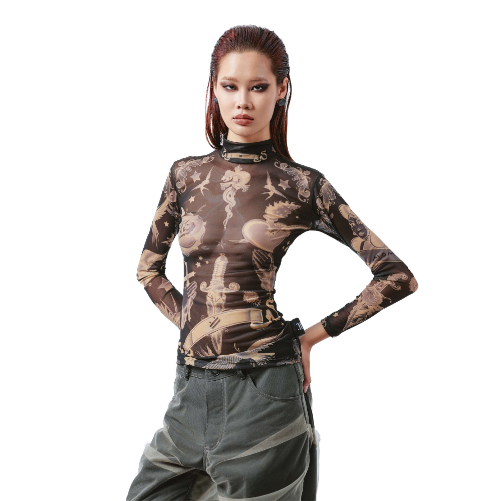 A long-sleeved top made from 100% polyester fabric. The design features a collection of small and medium-sized tattoos.