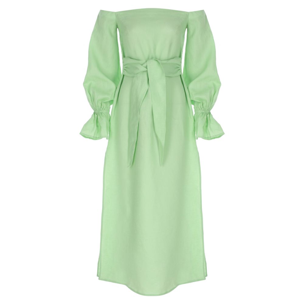 MINT GREEN OFF-SHOULDER MAXI LINEN DRESS 100% Linen