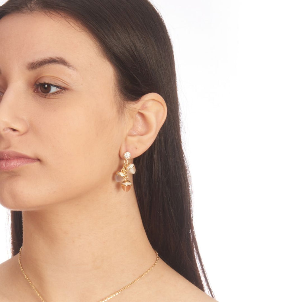 Shop online premium gold plated dangle earrings with moonstone, carnelian and gray agate pyramidal crystals and sparkling cubic zirconia accents.