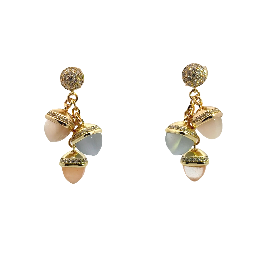 Shop online premium gold plated dangle earrings with moonstone, carnelian and gray agate pyramidal crystals and sparkling cubic zirconia accents.