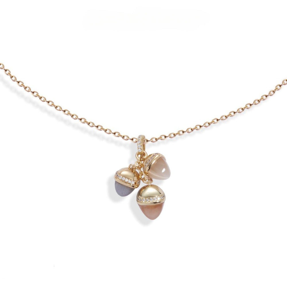 Shop online premium gold plated necklace with gray agate, carnelian, moonstone crystals and sparkling CZ details.