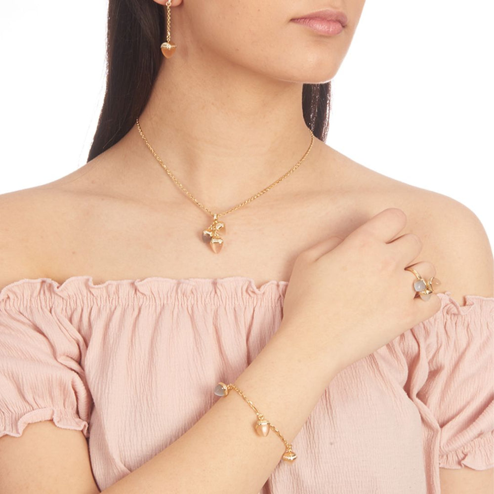 Shop online premium gold plated necklace with gray agate, carnelian, moonstone crystals and sparkling CZ details.