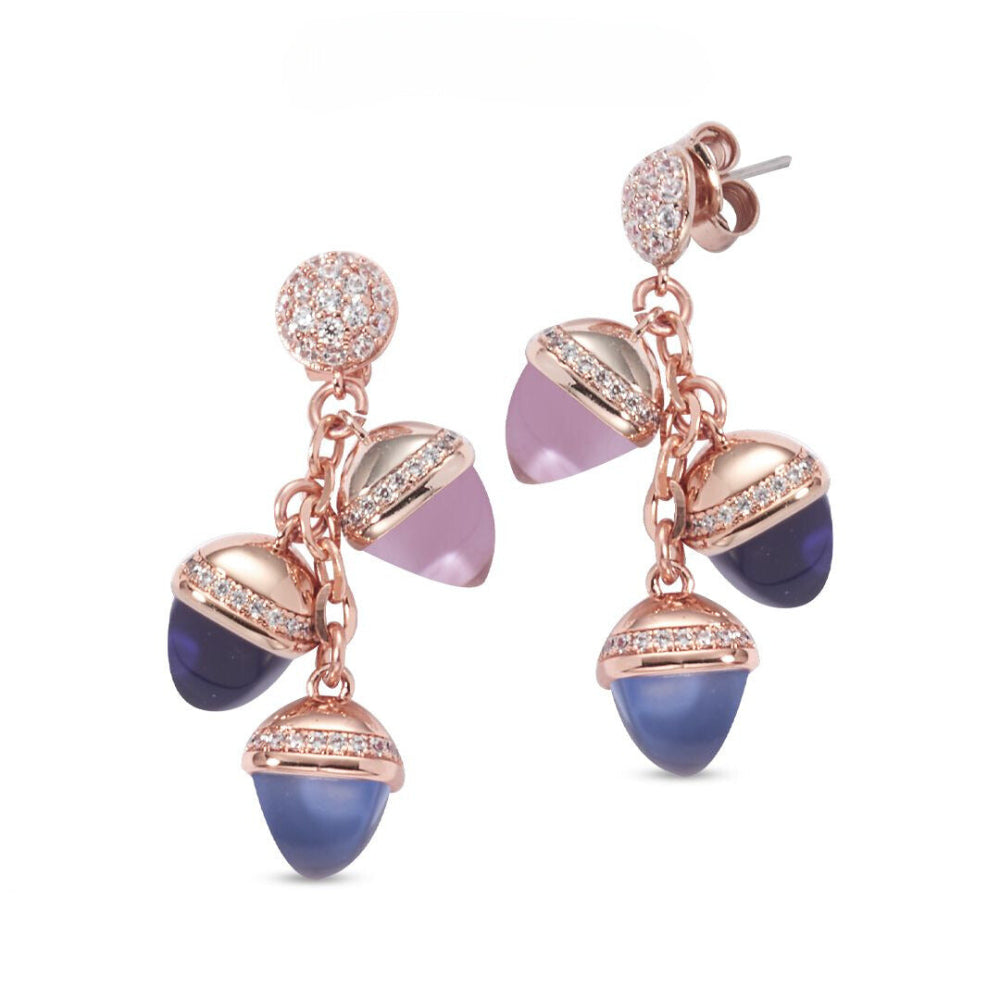 Shop online premium rose gold plated dangle earrings with amethyst, sapphire and morganite pyramidal crystals and sparkling cubic zirconia accents.